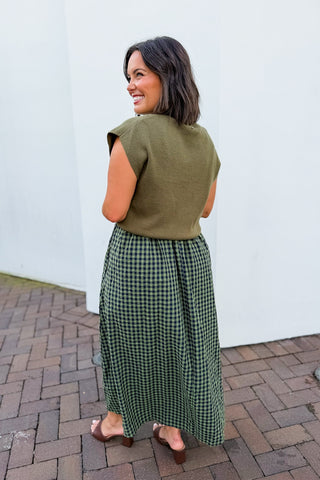Two-way Gingham Maxi Dress + Knit Top in Olive