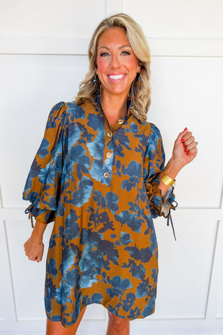 Social Season Button Front Dress in Camel & Blue Floral