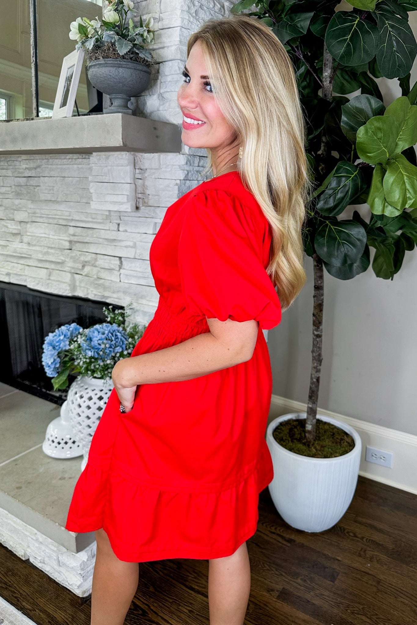 Puff Sleeve V Neck Ruched Waist Dress in Red