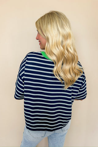 Navy Blue & Green Striped Boxy Tee