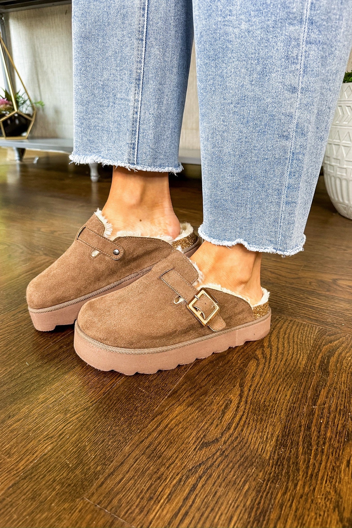 Slip On Faux Fur Platform Clog Mule in Dark Taupe