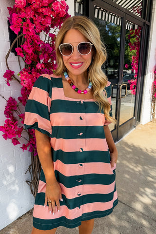The Beverly Hills Striped Dress in Pine Green & Mauve Pink