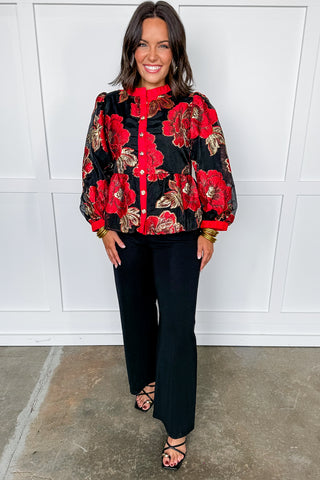 Luxe Red & Black Jacquard Top with Gold Buttons