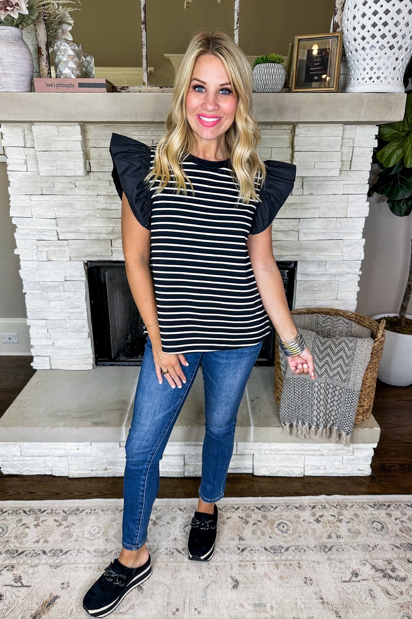 Striped Ruffle Cap Sleeve Top in Black