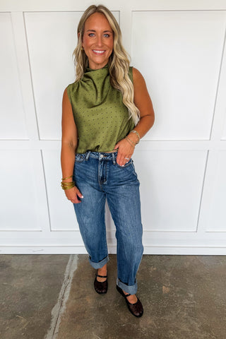 On The Dot Satin Top in Olive
