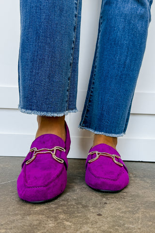 Won the Lottery Crystal Gold Metal Chain Suede Loafer in Eggplant