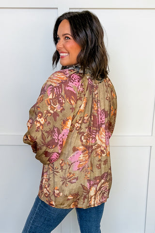 Vintage Rose Print Button Top in Olive