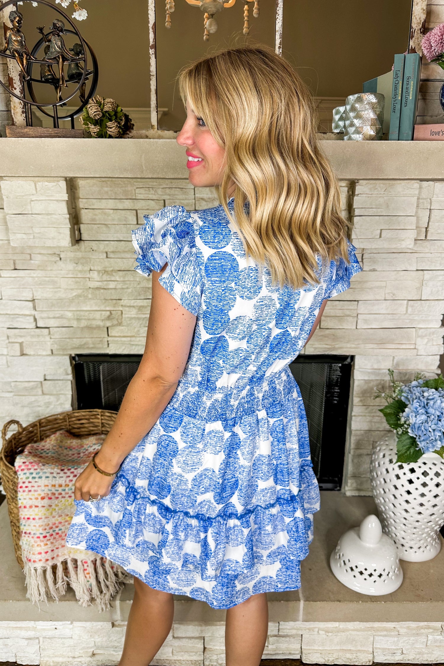 Sophisticated Blue & White Pocketed Tiered Print Dress
