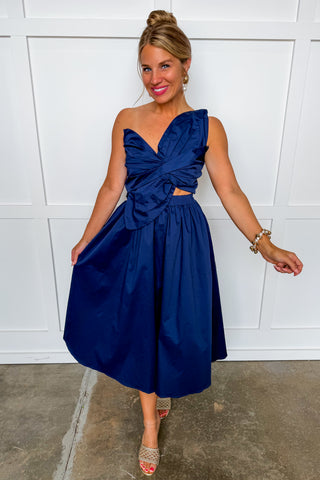 Center Stage Bow Midi Dress in Navy