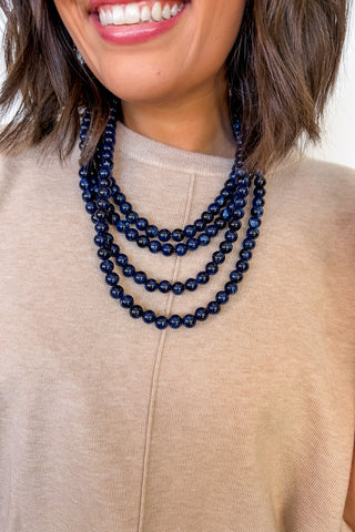 Marble Bead Layered Necklace in Navy