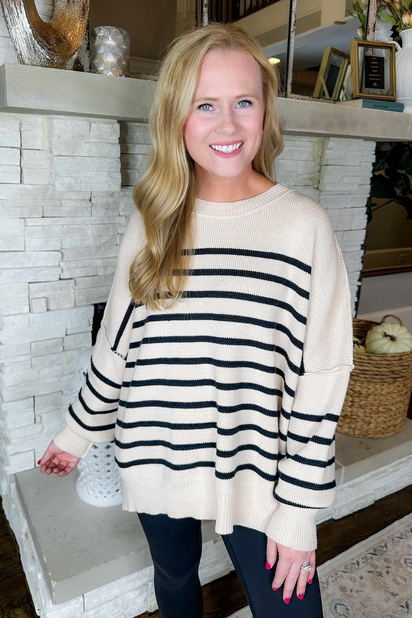 Oversized Exposed Seam Striped Sweater in Oatmeal