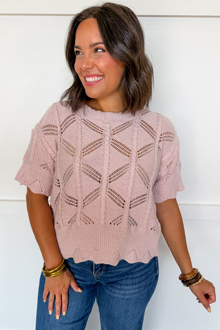 The Delilah Scallop Open Knit Top in Petal Pink