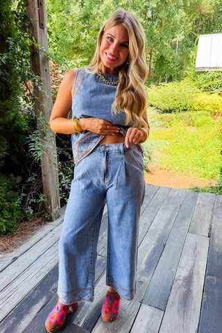 Denim Days Stitch Embroidery Pant Set