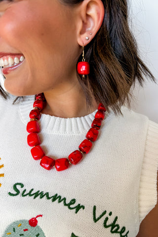 The Scarlett Marble Beaded Necklace & Earring Set