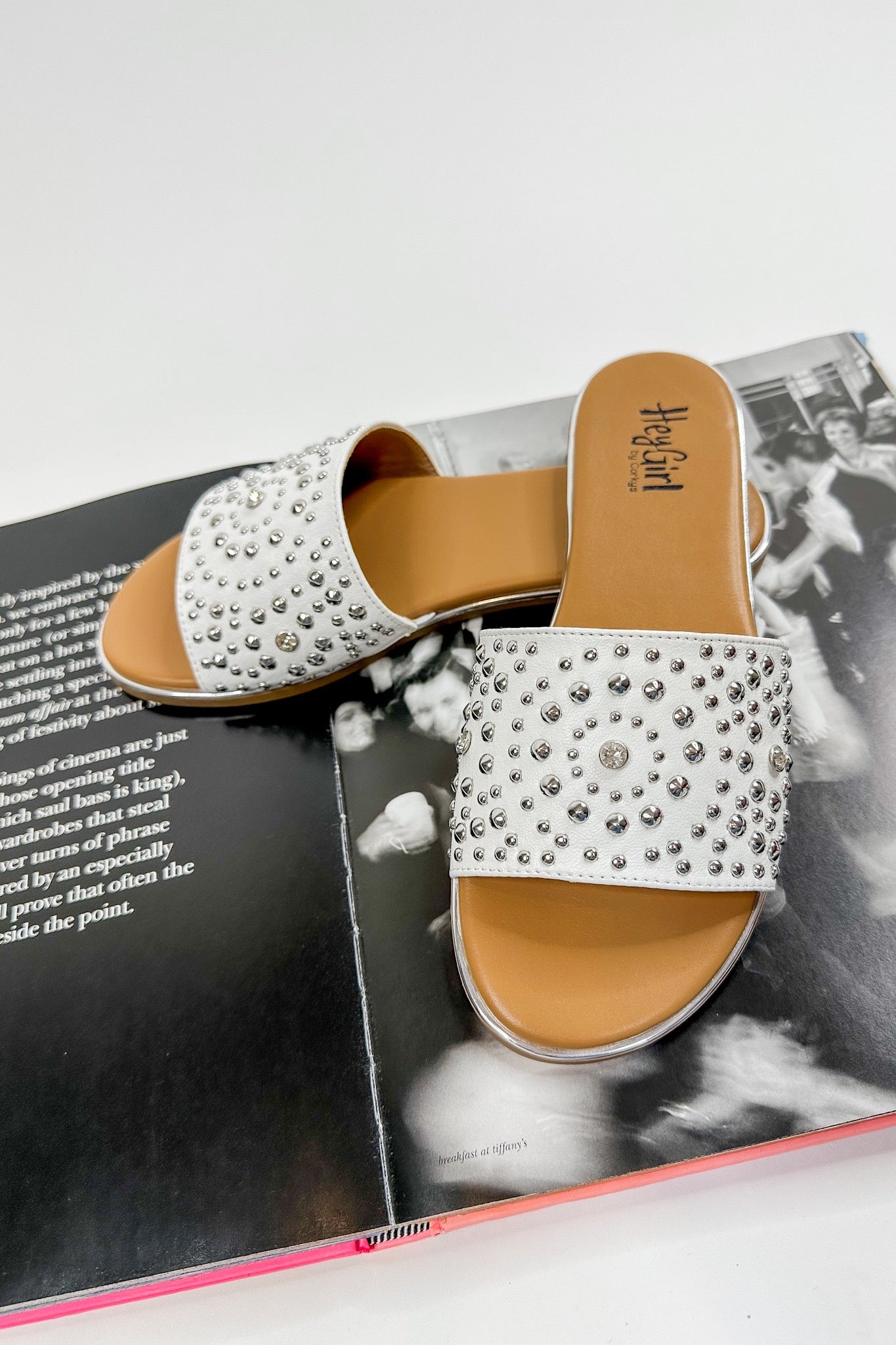 Silver Stud Flat Corkys Sandals in White