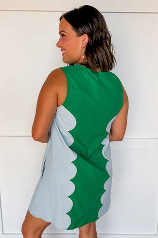 Scallop Pop Shift Dress in Green & Blue