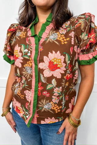 Brown Floral Ruffle Printed Top