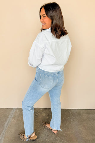 Light Wash Distressed Mid Rise Destroyed Hem Straight Ankle Jean