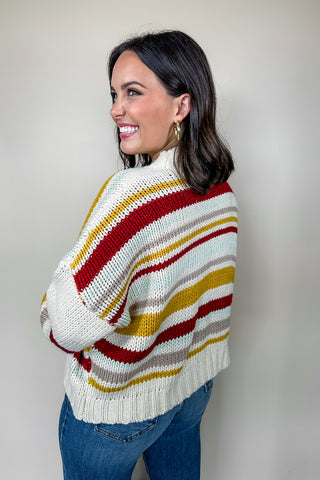 Striped Jewel Toned Button Down V Neck Sweater Cardigan