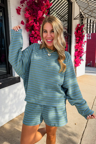 Keep It Casual Olive & Blue Stripe Short Set