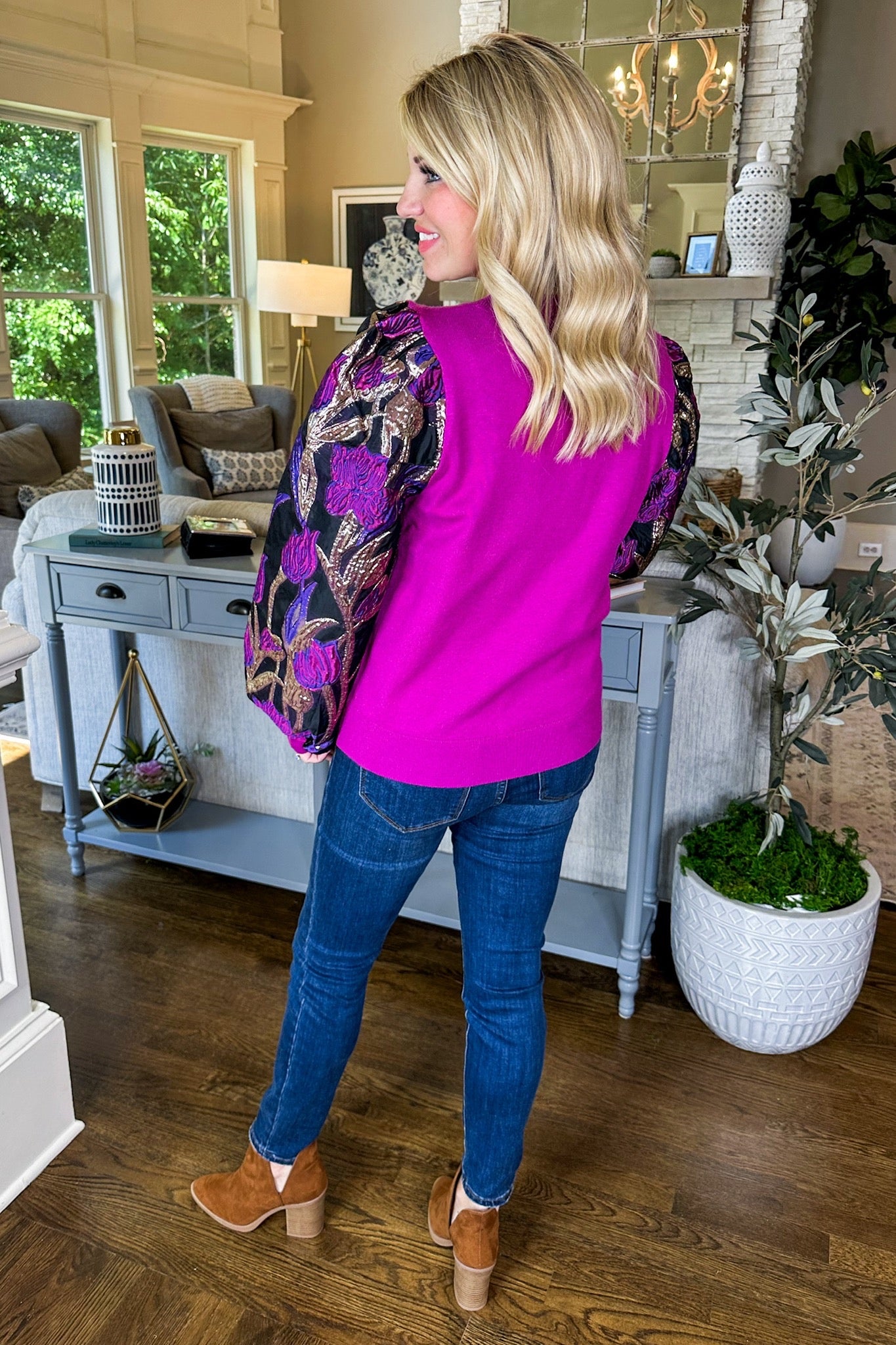 Elegant Lined Statement Floral Sleeve Sweater Top in Magenta