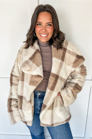 Ivory Stone Plaid Fuzzy Coat