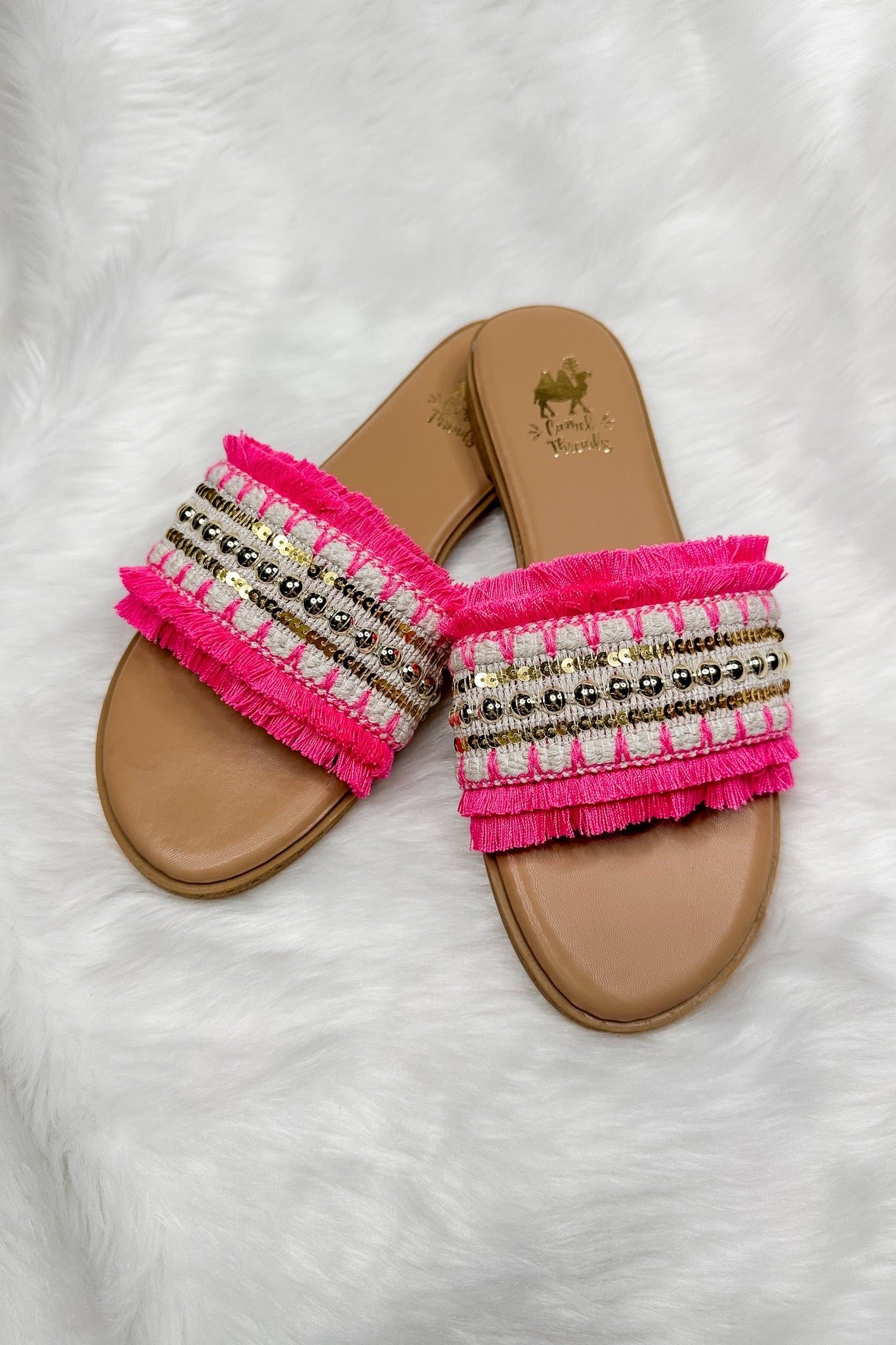 Boho Woven Fringe Camel Threads Sandal in Pink