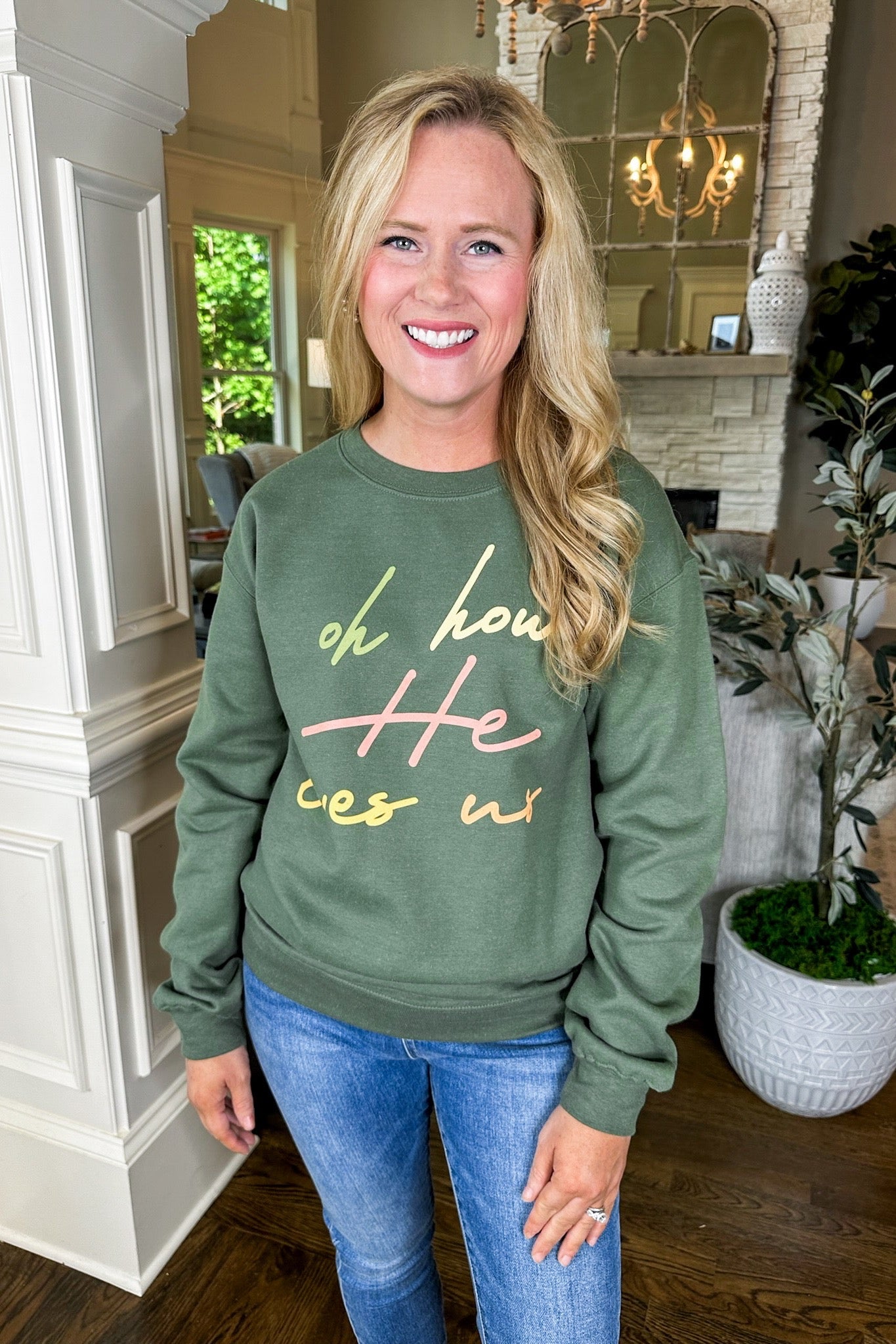 Oh How He Loves Us Handwritten Olive Green Sweatshirt