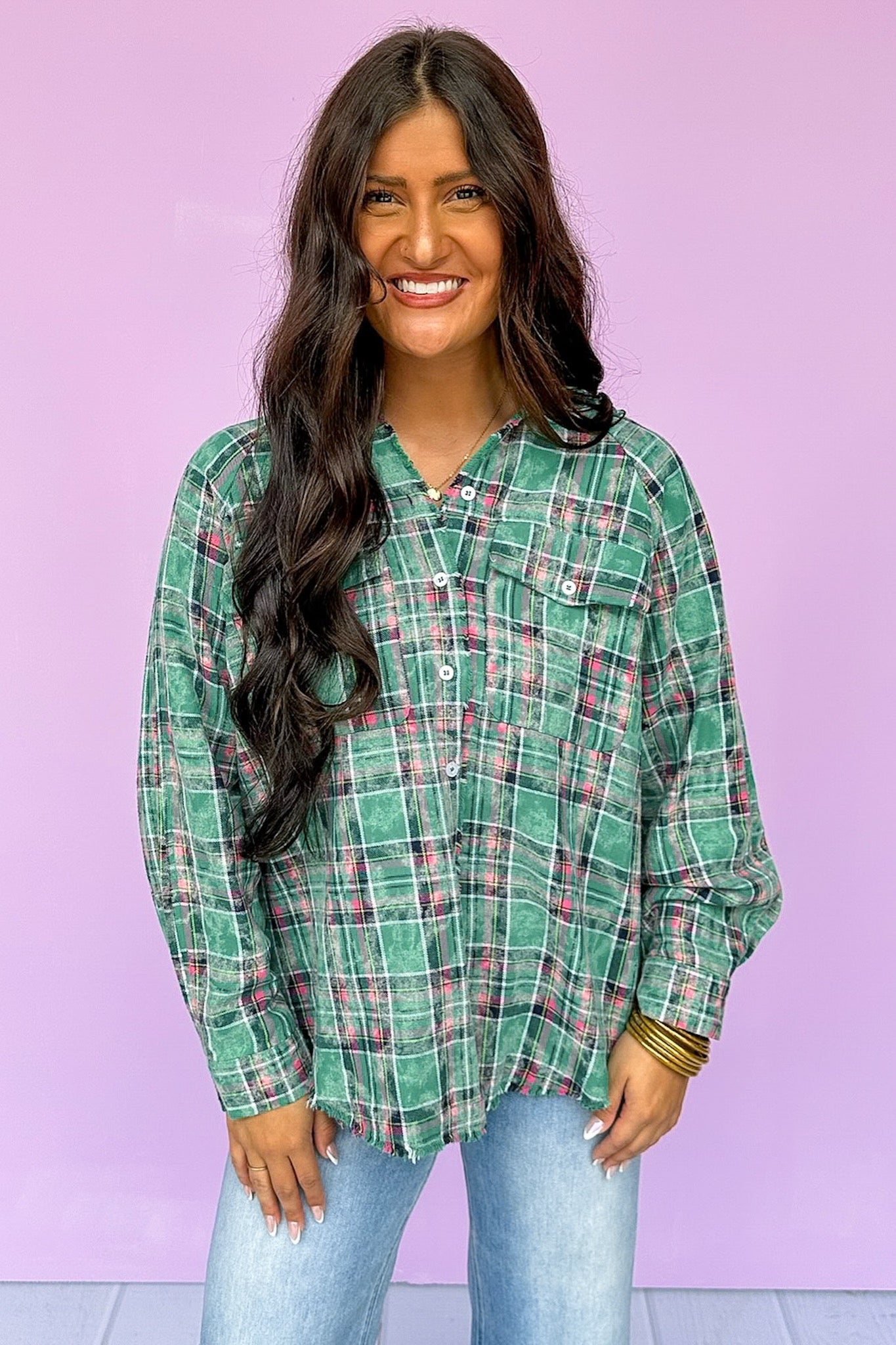 Acid Wash Kelly Green & Pink Button Down Plaid Flannel