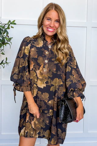 Social Season Button Front Dress in Black Floral
