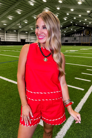 Worth The Wait Stripe Trim Short Set in Red