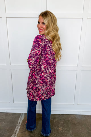 Dear Scarlett Lizzy Gather Sleeve Cardigan in Wine Floral