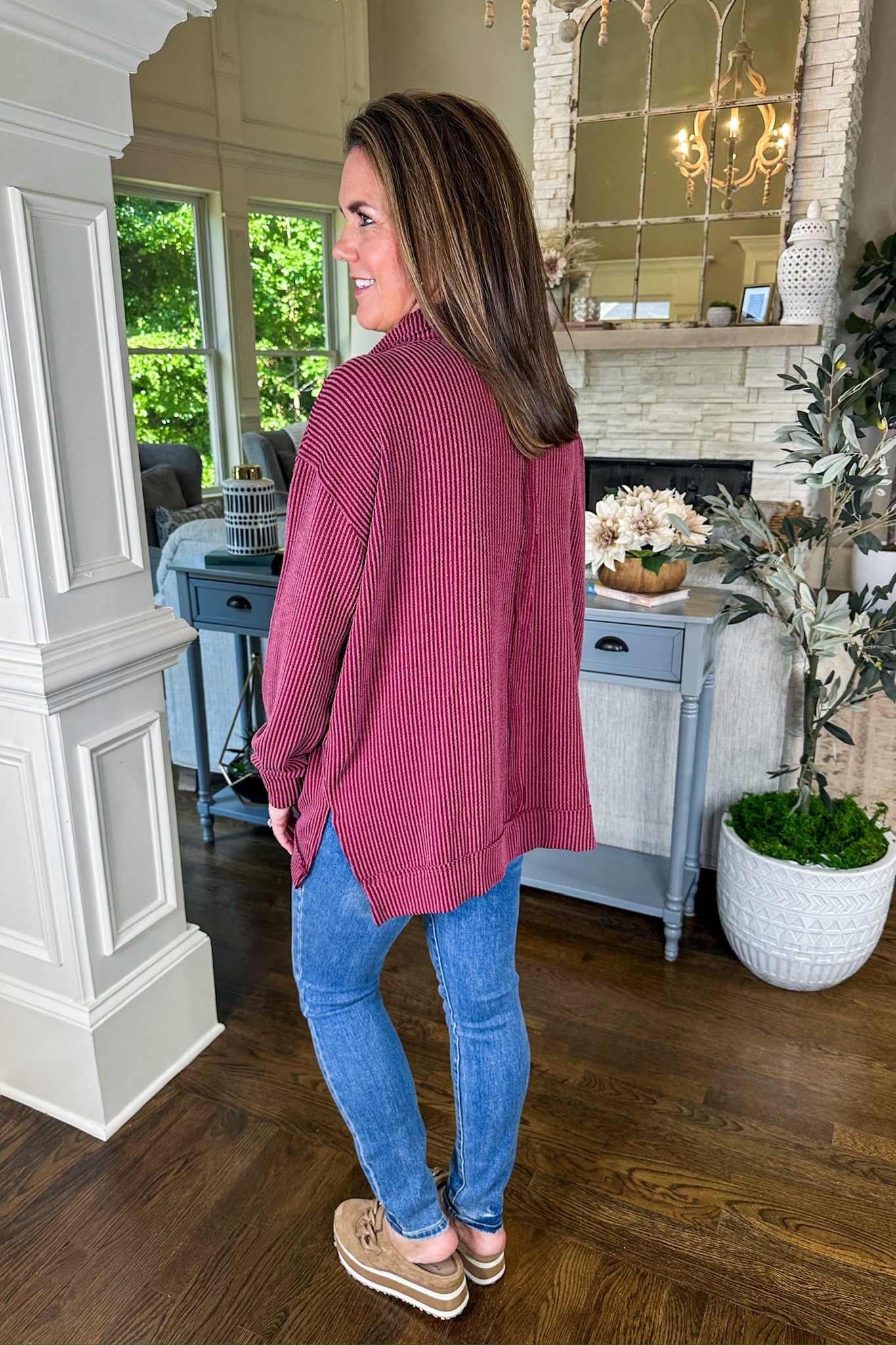 The Hadley Ribbed Cowl Neck Long Sleeve Top in Wine