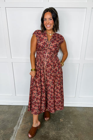 Best Selling Krissy Zip Up Maxi Dress in Dusty Rose & Wine Floral