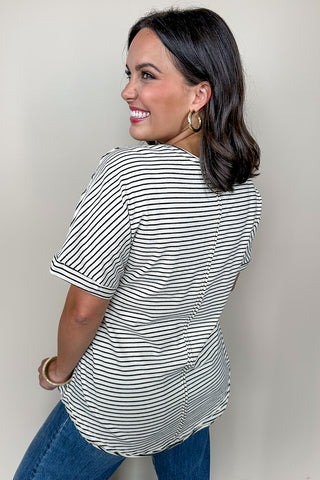 Striped Wooden Button Notch Neck Tee