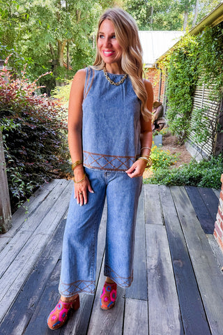Denim Days Stitch Embroidery Pant Set
