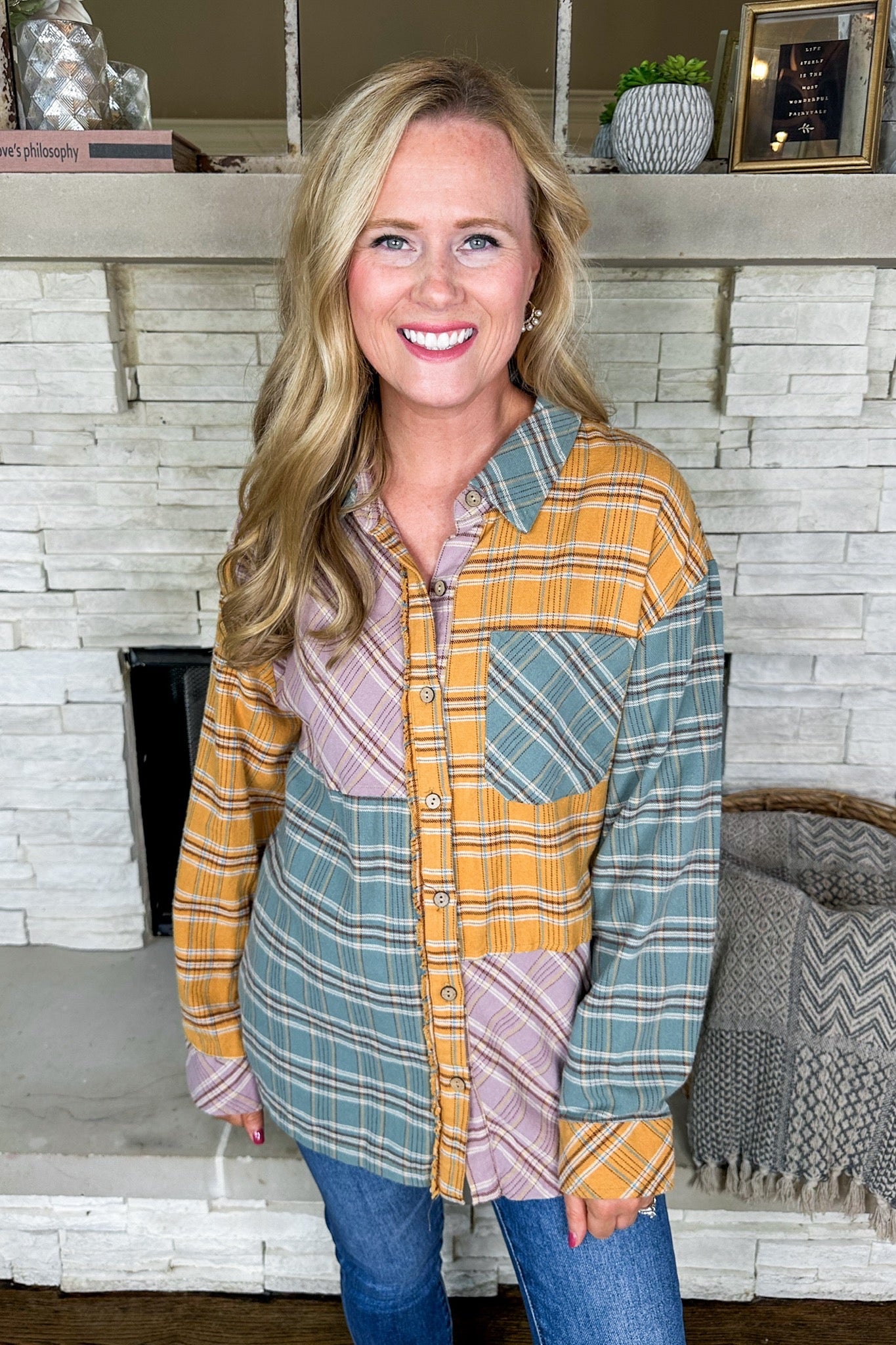 Mixed Color Flannel Button Down Top