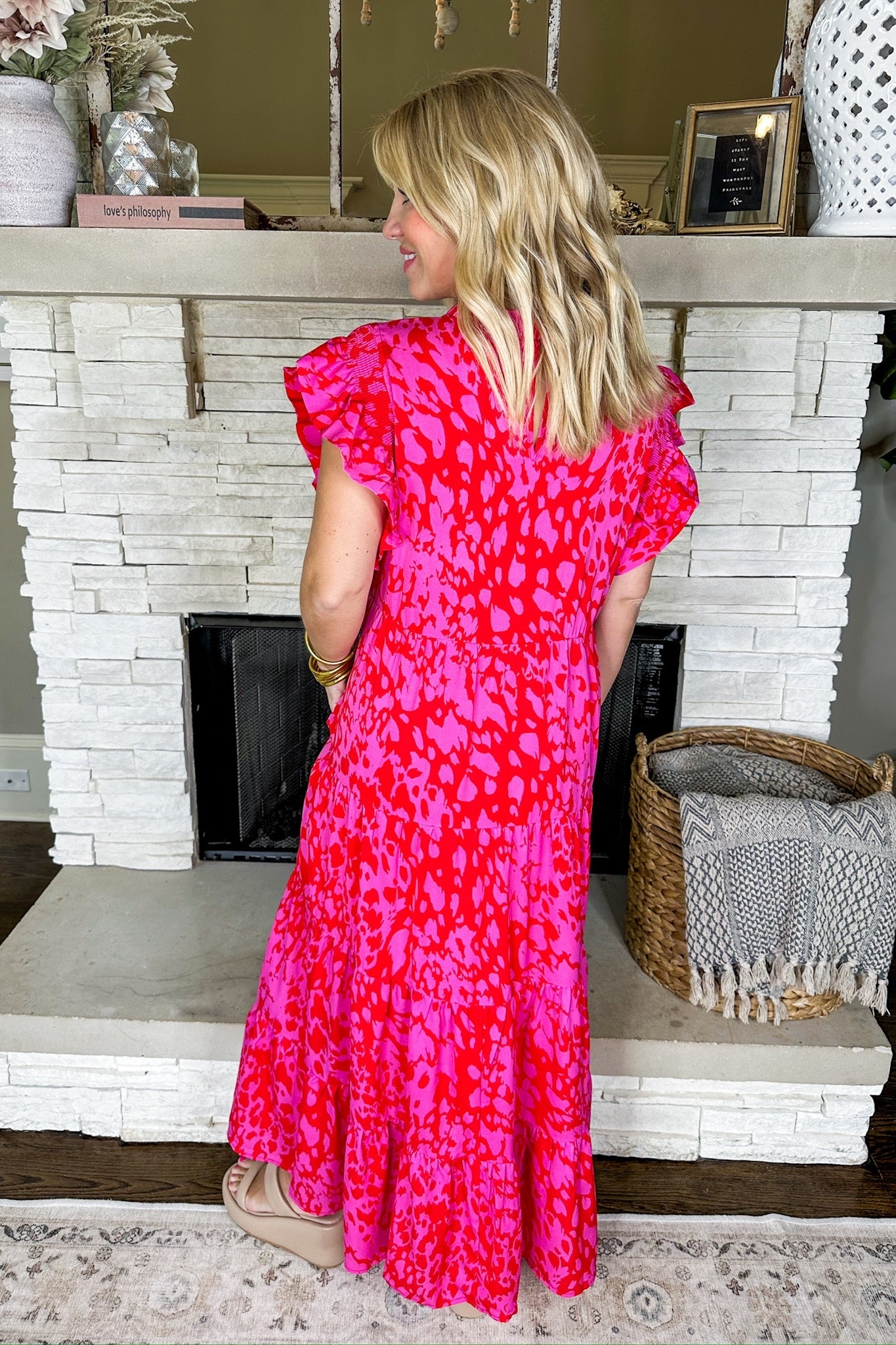 Abstract Animal Print Tiered Midi Dress in Pink & Red