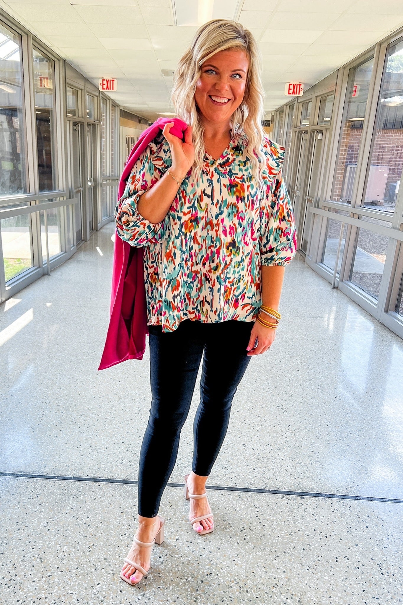 Multi Color Abstract Ruffle Sleeve Top