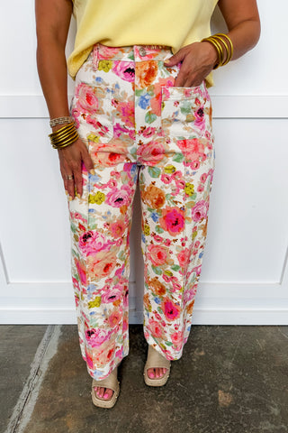 Floral Watercolor Cropped Wide Leg Pants