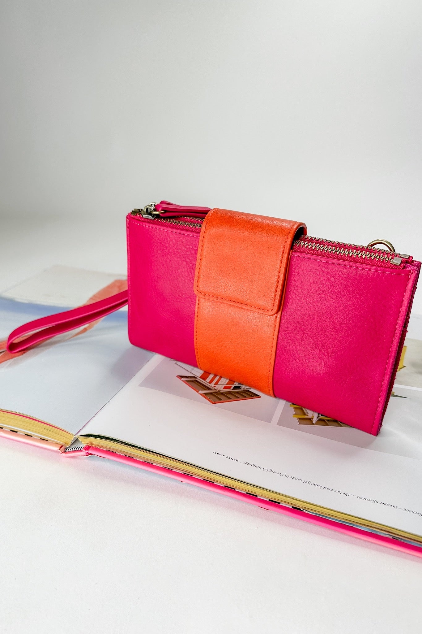 The Camryn Colorblock Wallet Crossbody in Fuchsia/Orange by Joy Susan