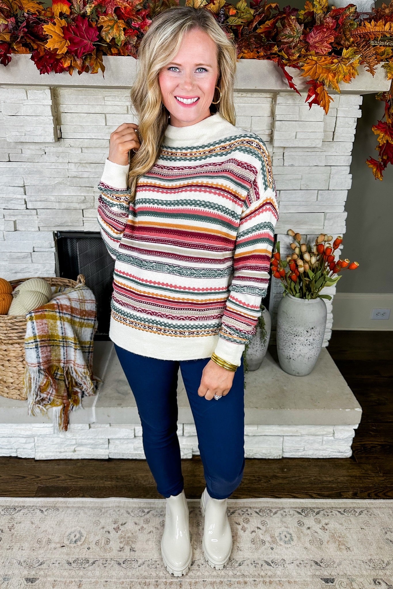 High Neck Multi Stripe Knit Sweater in Berry Jewel Tones