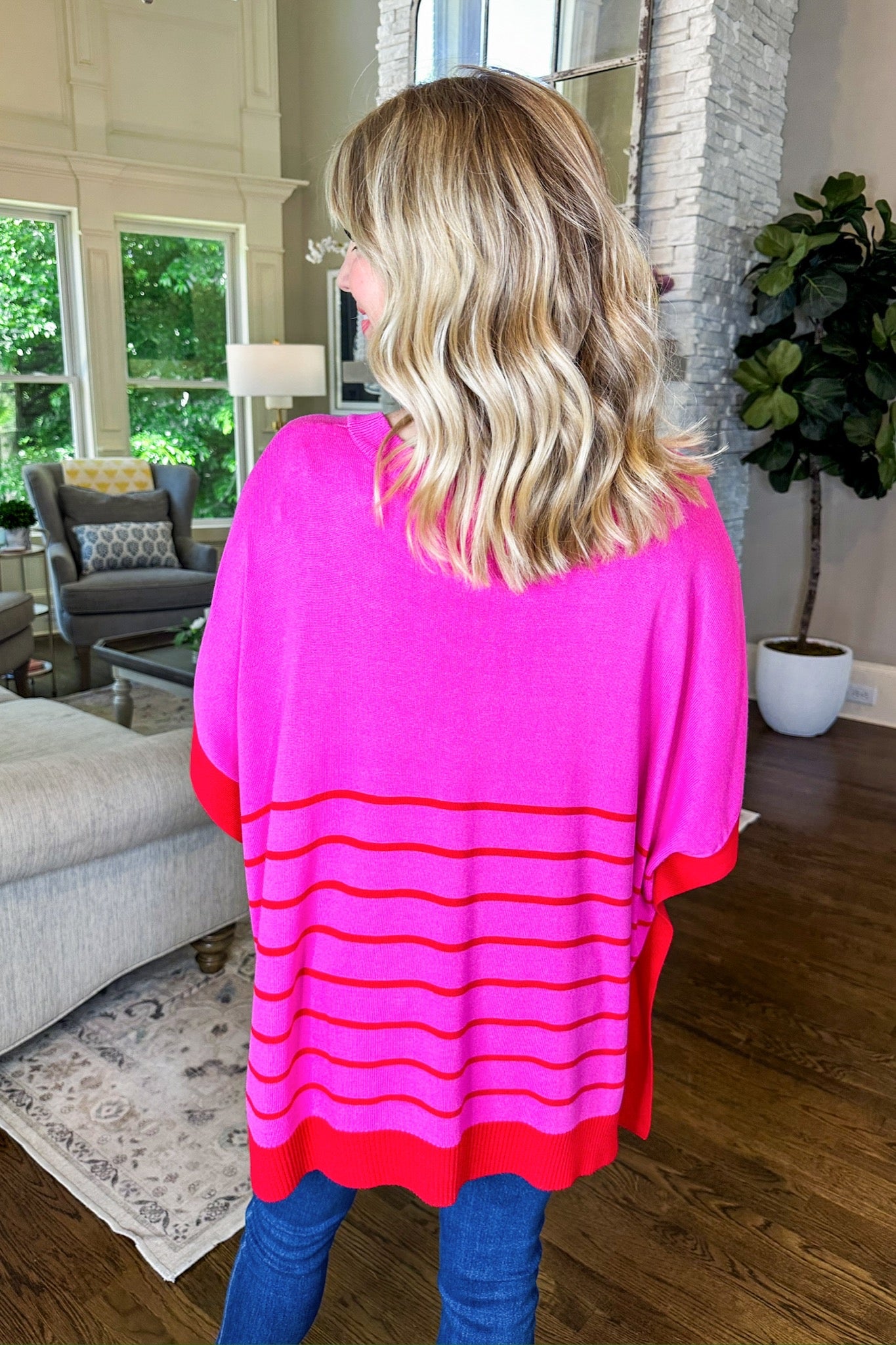 High Quality Striped Poncho Top in Pink/Red