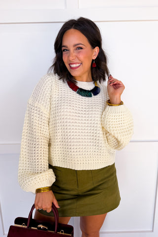Dear Scarlett Bella Waffle Knit Crewneck Sweater in Ivory