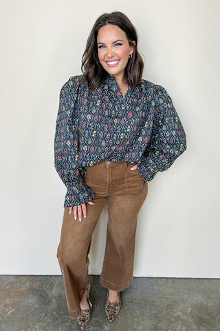 Navy Floral Patterned Long Sleeve Blouse