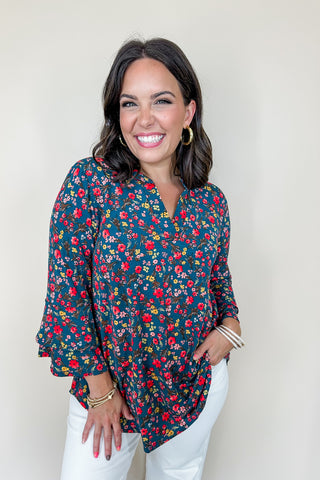 Dear Scarlett Liz Bell Printed Top in Teal