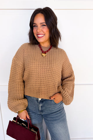 Dear Scarlett Bella Waffle Knit Crewneck Sweater in Camel