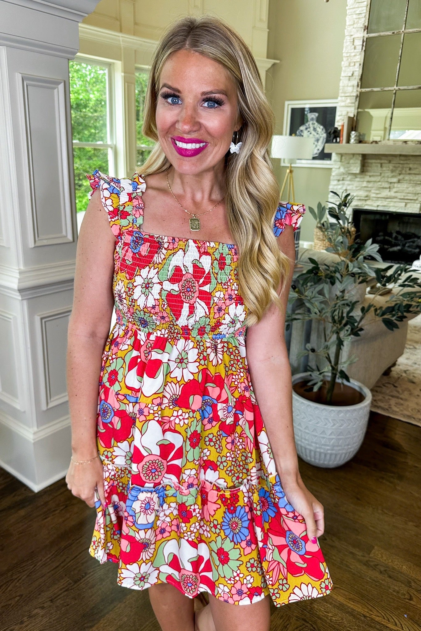 Smocked Tiered Ruffle Sleeve Floral Dress