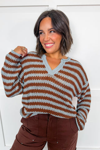 Effortless Stripe Notch Neck Sweater in Light Blue & Brown
