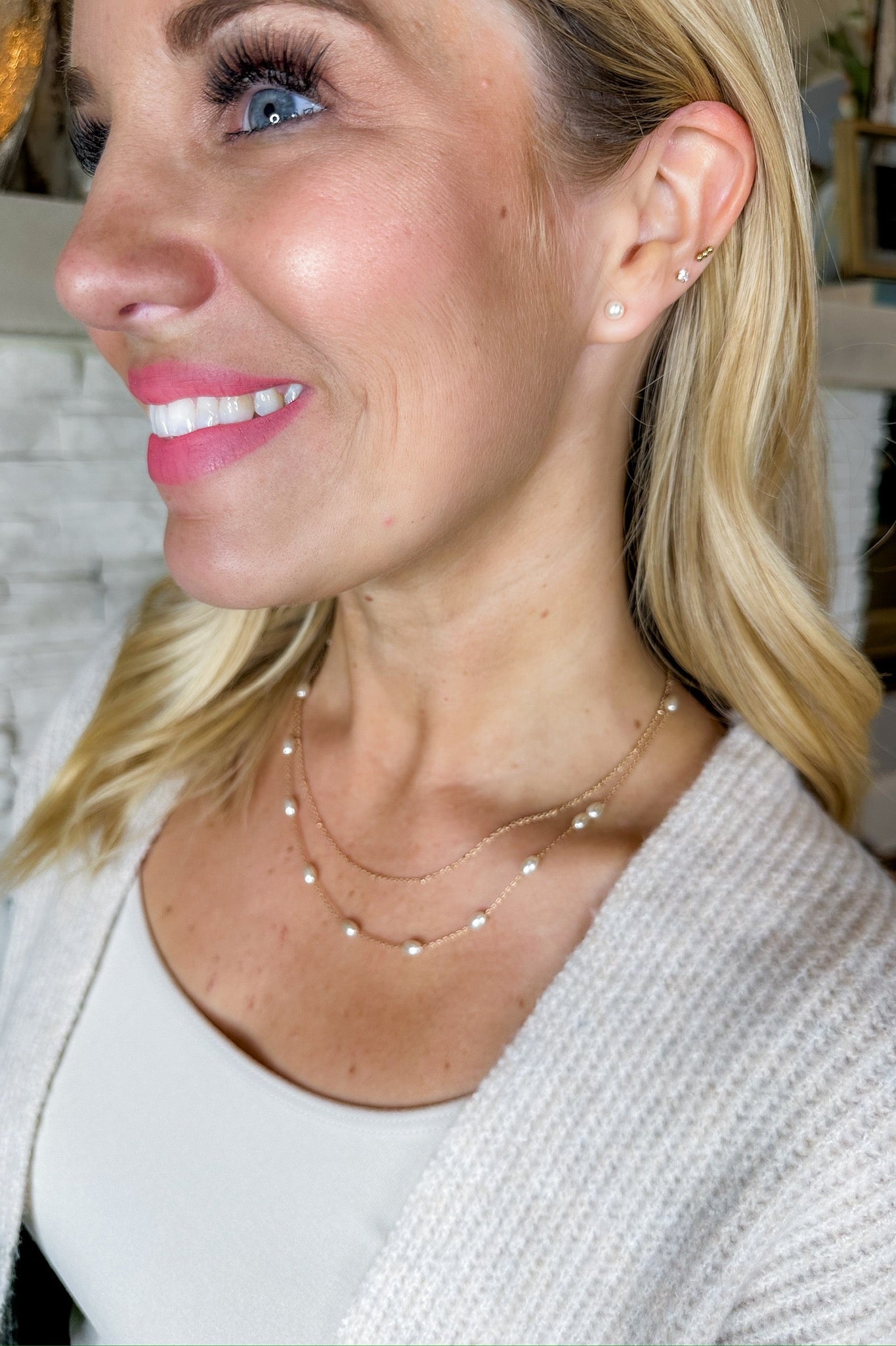 Layered Gold Chain Pearl Necklace & Mini Pearl Stud Set